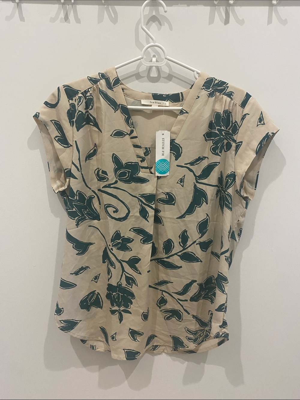 Beige Floral V-Neck Cap-Sleeve Top